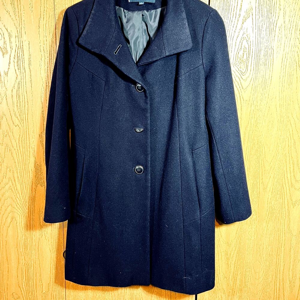 Anne Klein Wool Blend Trench Overcoat Navy Women Sz L Single Breast Long Winter